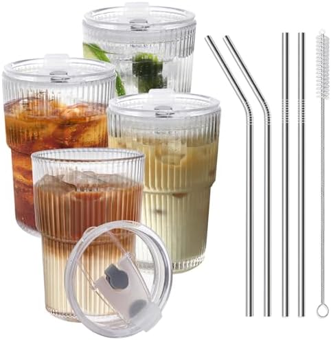 Iced Coffee Cups With Lids and Straws 4 Pcs, 16 OZ Unbreakable Glasses Drinking Set,Clear Plastic Cups Reusable Iced Coffee Tumbler with Lid and Straw, To Go Coffee Cups Dishwasher Safe