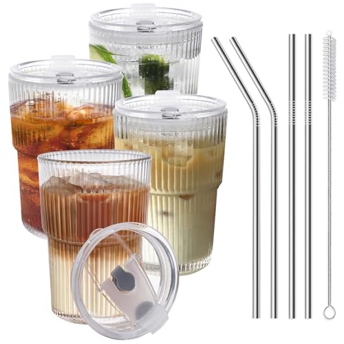 Comparison: 12 Best Iced Coffee Cups Reusable Glass And With Lids And Straws 3 HIGIINC Iced Coffee Cups With Lids and Straws 4 Pcs, 16 OZ Unbreakable Glasses Drinking Set,Clear Plastic Cups Reusable Iced Coffee Tumbler with Lid and Straw, To Go Coffee Cups Dishwasher Safe
