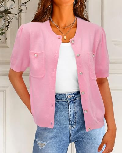 Image of Newshows Womens Spring Cardigan Sweaters Lightweight Short Sleeve Button Down Shirts Ribbed Knit Blouse Tops 2026 Trendy