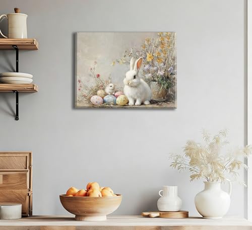 xikafou Vintage Easter Bunny & Eggs Oil Painting Canvas Wall Art Floral Spring Farmhouse Rustic Animal Nursery Painting Picture Wall Decor for Bedroom Living Room Kitchen by xikafou - Used condition - Image 6