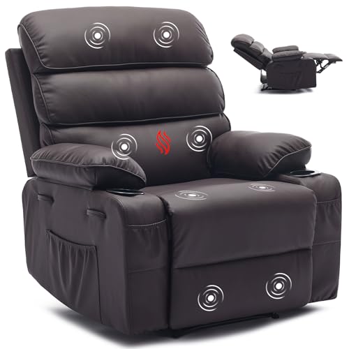 Image of PU Leather Extra Wide Manual Recliner Chair for Adults with Massage & Heat, Oversized Lazy Recliner with 1.5X Thick Sponge Comfort for Living Room Bedroom,Coffee