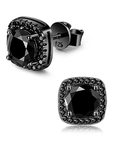 Black Moissanite Halo Stud Earrings for Men, VVS1 D Color Round Cut, Hypoallergenic 18K Black Plated Solid 925 Sterling Silver Earrings Jewelry Gifts for Men Women