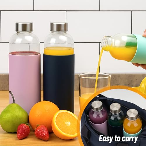 Image of Luxfuel 18 oz Glass Water Bottles with Lids and Silicone Sleeve 10 Pack | Leak Proof Stainless Steel Lids, BPA Free, Reusable Glass Bottles for Juicing, Smoothies & Refrigerator, Dishwasher Safe