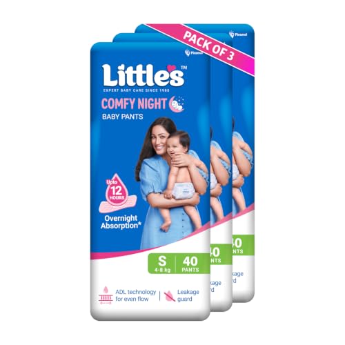 Image of Little's Baby Diapers S Size (Small) Pants Style | 4-8 kg | 120 Count | Comfy Nights Baby Diaper Pants with Leakage Guard & Upto 12 Hours Absorption (40 Count, Pack of 3)