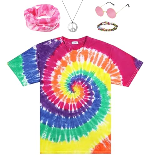 Forfamy Disfraz Hippie para Hombre y Mujer, Disfraz Hippie de los Años 80, Camisetas con Cintas Coloridas, Pulsera, Collar, Accesorios de Girasol, Traje de los años 60 y 70 (Serie 2(rosa), S)