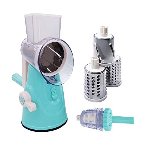 Gemüsehobel | 5 in 1 Trommelreibe - zum Raspeln, Schneiden, Reiben, 3 Klingen aus rostfreiem Stahl, Wurst, Fleischwolf und Gemüseschneider