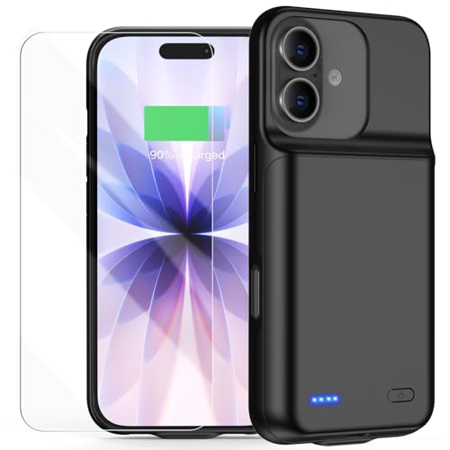 POAQCIF Battery Case for iPhone 17(6.3 inch) 7000mAh Ultra-Slim Protective Extended Charging Charger Case 15W Fast Charging Rechargeable Battery Pack with Tempered Glass Screen Protector- Black
