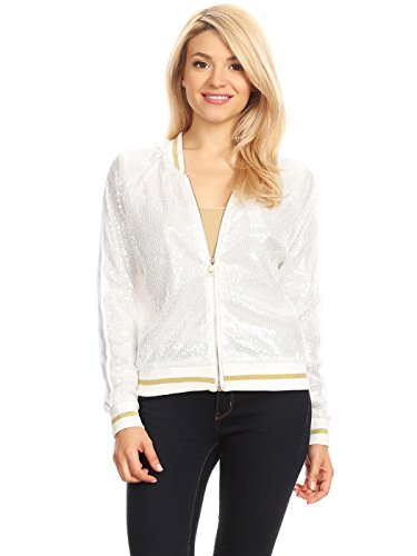 Anna-Kaci Womens Long Sleeve Front Zip Track Stripe Sequin Bomber Jacket, White, Medium