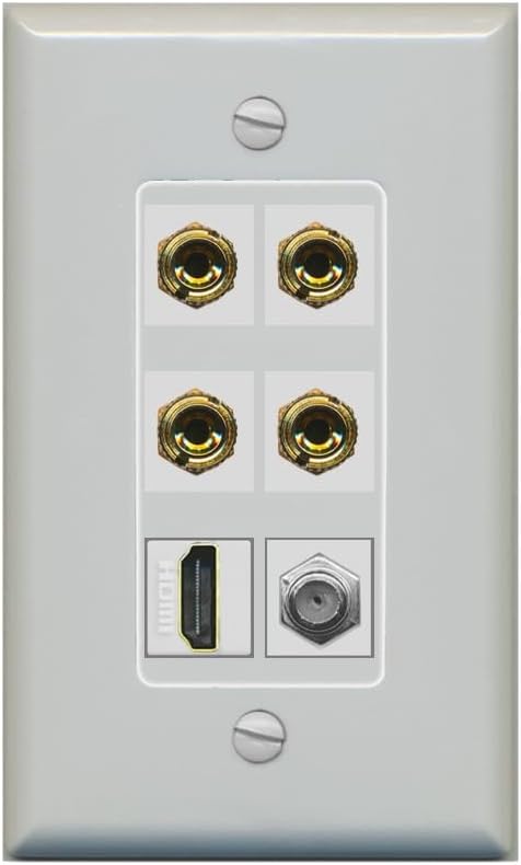 RiteAV 4 Port Banana 2 Speaker Binding Post HDMI Coax Wall Plate - 1 Gang Decorative [Stainless/White]