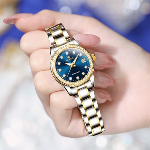 Image of OLEVS Women's Automatic Watch Luxury Mechanical Stainless Steel Two Tone Waterproof Self Winding Dress Small Ladies with Date Diamond Elegant Casual Business Wristwatch Gold /Blue /Black /White