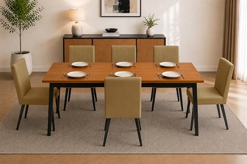 Image of Rosebell 6 Seater Dining Table Set with Cushioned Chairs | Modern Dining Table for Home, Dining Room & Kitchen | Black Metal Legs | Golden