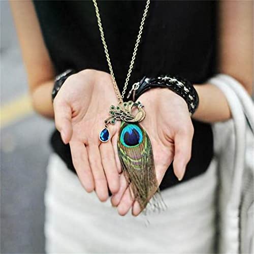 Dreuyet Bohemian Peacock Feather Necklace for Women Handmade Boho Vintage Turquoise Crystal Pendant Necklace Statement Summer Beach Retro Ethnic Jewelry2