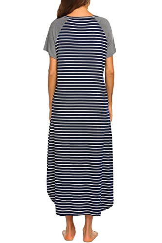 Ekouaer Women's Plus Size Petite Long Sleepwear Caftan Night Gown With Pocket (Grey Blue Strip,Plus Size S-4Xl) #TOP3