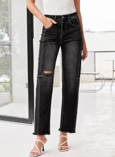 Sidefeel Women's High Waisted Boyfriend Jeans Trendy Ripped Straight Leg Raw Hem Stretchy Ankle Denim Pants4