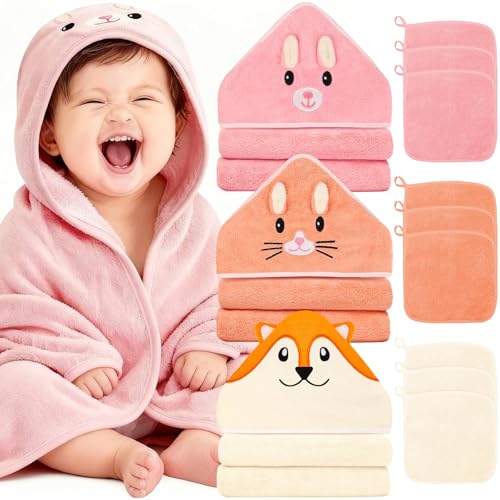 Image of Sublaga 31x31 Inch Baby Hooded Towels, 12Pcs Baby Towels and Washcloths Set, Soft and Absorbent Baby Bath Towels, 3 PCS Cute 32x32 in Baby Towel with Hood and 9 Pcs Baby Washcloths for Boys and Girls