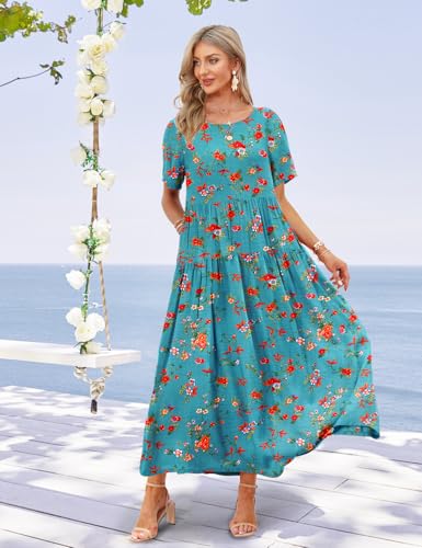 Image of YESNO Women Casual Loose Bohemian Floral Dress with Pockets Short Sleeve Long Maxi Summer Beach Swing Dress EJF