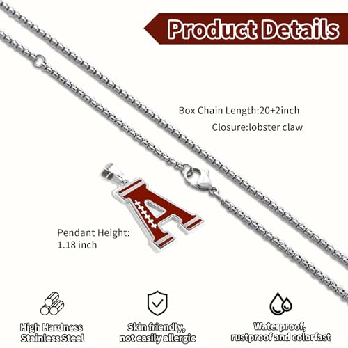 Football Initial Necklace for Men A-Z Letter Stainless Steel Charm Pandant 20+2 Inches Chain, Football Gifts for Youth Boys Coach Players3