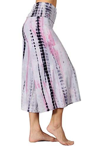HEYHUN Women's Solid Tie Dye Wide Leg Flared Capri Boho Gaucho Pants w/Lace Detail2