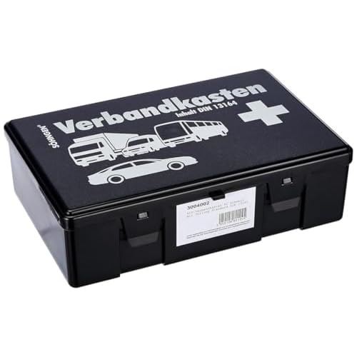 Söhngen KFZ Verbandskasten (mit Füllung, 2x Mundschutzmasken, schwarz, Koffer aus ABS Kunststoff) 260x160x80 mm, 3004002