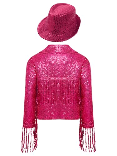Kids Girls Sparkly Jazz Dance Outfit Tassel Jacket Long Sleeve Open Front Coat Outwear with Sequin Hat4