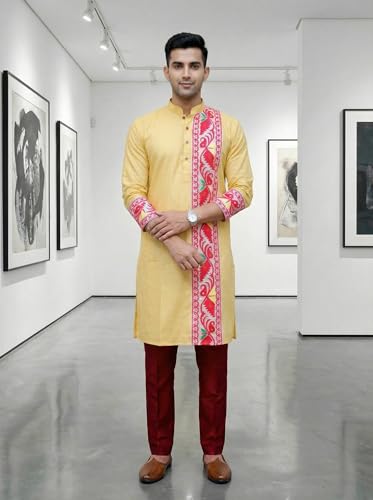 Image of Men's Jamdani Printed Kurta Pajama Set | Pure Cotton Ethnic Kurta with Mandarin Collar & Dupion Silk Pyjama | Festive & Weddings 303A12A 303SB12B(M XXL)