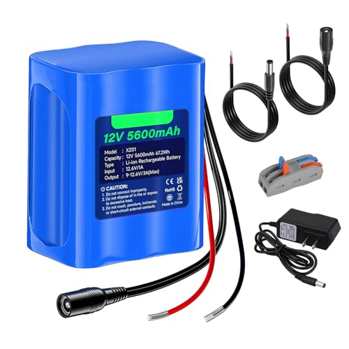 CITYORK 12V 5600mAh Rechargeable Battery Lithium with Charger, Bare Leads Wire Battery Pack Compatible with 12V Devices, DIY Project, Speakers, RC Car, Robot Toys, LED Light Strip, CCTV Camera etc