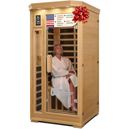 LifePro 1 Person Far Infrared Sauna for Home - Home Sauna, Tempered Glass Door, Oxygen Ionizer, & 7 Chromotherapy Lights for Indoor Sauna - Canadian Hemlock Wood Dry Sauna with Bluetooth Sound System