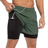Gesean Mens Running Shorts,Workout Running Shorts for Men,2-in-1 Shorts,5-Inch Gym Outdoor Sports Shorts Army Green Medium