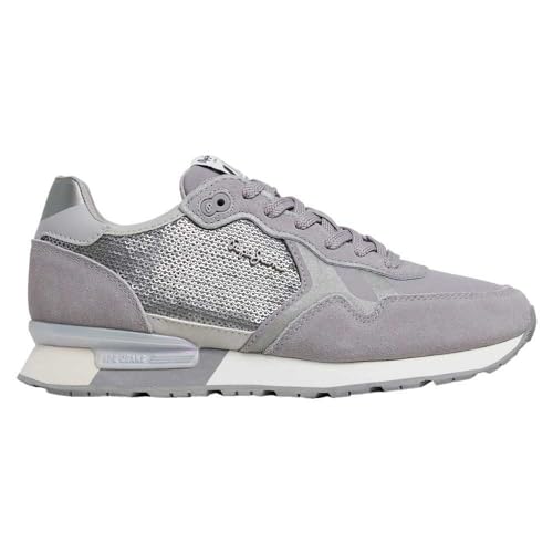 Pepe Jeans Zapatillas de Piel Brit Sequins Gris
