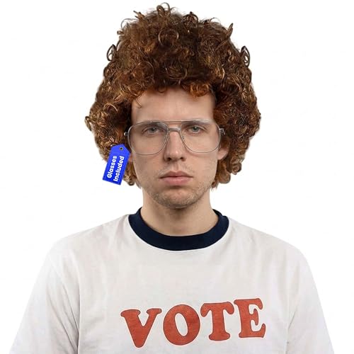 ALLAURA Compatible with Napoleon Dynamite Wig – Pedro Costume Set with Glasses &amp; Brown Afro Nerd Hair for Adults – Funny 80s Halloween Outfit, Retro Cosplay, Movie-Inspired Party or Couples Costume