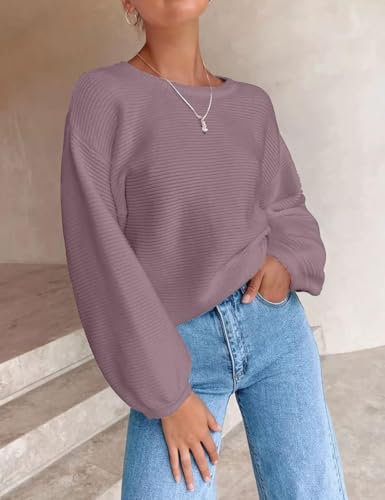 Image of ZESICA Women's Crew Neck Long Lantern Sleeve Fall 2026 Casual Loose Ribbed Knit Solid Soft Pullover Sweater Tops