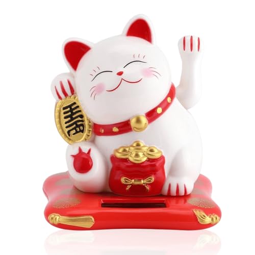 Jwthee Bras agitant de Chat Porte-Bonheur, Chat Chinois Porte Bonheur, Petit Chat agitant Solaire Chat Porte-Bonheur Chinois agitant Le Bras Statue de Chat de...