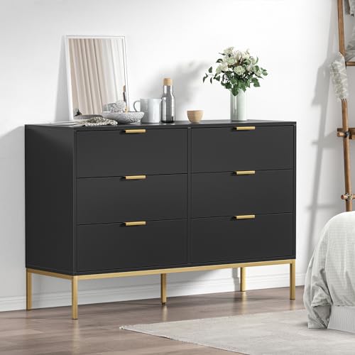 Yvsevnr Cómoda con 6 Cajones Moderno con Anti-vuelco, Negro Cajoneras Dormitorio Madera, Patas de Metal, Mueble Cajones, Cómodas y Cajoneras para Cocina, Oficina, Pasillo