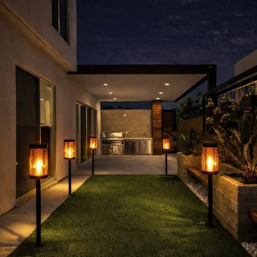 Image of Deco Window Solar Lights Outdoor 2 Pack LED Flame Torches with Flickering Flame Effect, Solar Powered Pathway Lights for Patio, Lawn, Porch, Walkway, Driveway, and Garden.