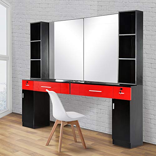 BarberPub Wall Mount Barber Station Hair Styling with Mirror Dressing Table Beauty Salon Spa Equipment Set 3026+3036 (Black&Red) - Image 4