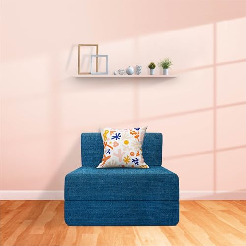 Image of Starlon 1 Seater Sofa Cum Bed Foldable 3-in-1 Sofa Bed with 1 Year Warranty, Washable Jute Fabric Cover & 1 Floral Pillows | Aqua Teal 3x6 Ft
