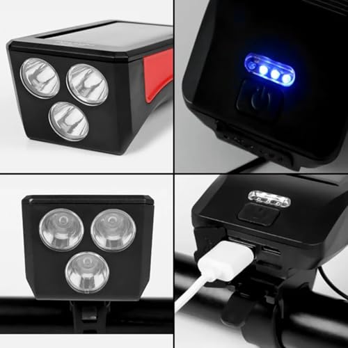 Image of Solar USB Charging Bike Light Bicycle Horn Lamp Bike Flashlight Bike Front Light Waterproof Cycling Headlight with 3 Lighting Modes 5 Sounds Fits Bicycle Light (Multicolor)