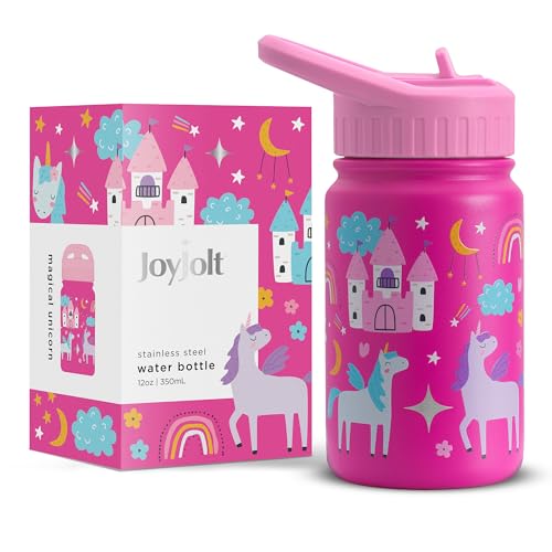 JoyJolt Kids Water Bottle with Straw Lid, 12oz Small Stainless Steel Reusable Tumbler for Kids, Girls, Boys, or Teen, Vacuum Insulated Water Bottle for School, Travel, and Outdoors, Leakproof