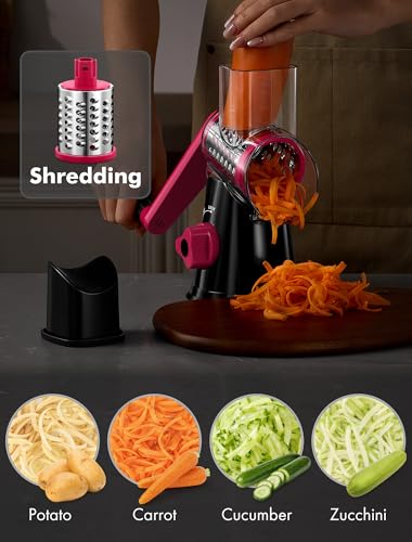 Image of Cheese Grater Rotary, Rotary Grater for Kitchen, Kitchen Vegetable Slicer with 3 Drum Blades, Fast Cutting Cheese Shredder for Vegetables and Nuts (Black+Rosy, 3 BLADES)