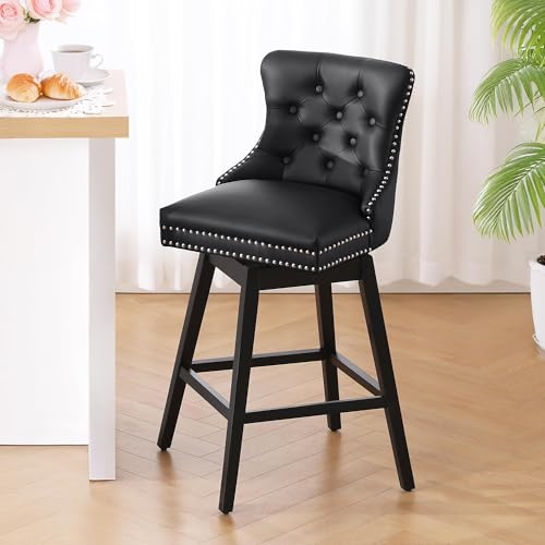 Image of Swivel Bar Stool Set of 3 with Back, Faux Leather Counter Height Bar Stools, Upholstered Tufted Counter Height Chairs, Solid Wood Legs (Black, 26 inch H Seat)