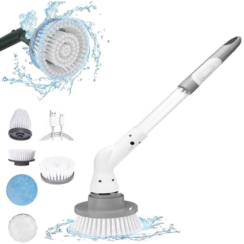 Electric Cleaning Brush - Long Handled Bathroom Cleaner, Cordless Power Scrubber with 4 Attachments, 380rpm Bathroom Cleaning Brush for Showers, Sinks and Surfaces - Electric Spin Scrubber White