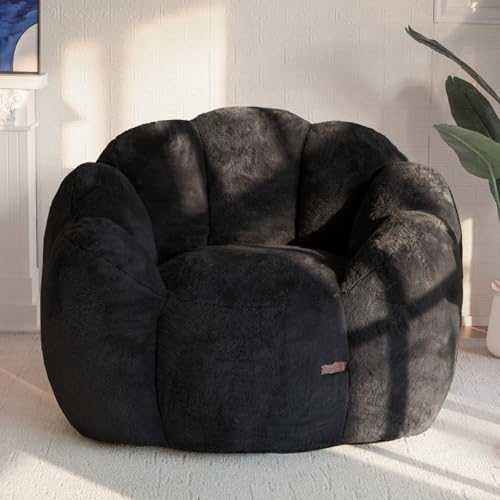 Image of MAXYOYO Bean Bag Chair for Adults, Floral Shaped Bean Bag Sofa, Ultra Soft Faux Fur Floor Sofa, Large Reading Chair for Living Room Bedroom, Black, Single
