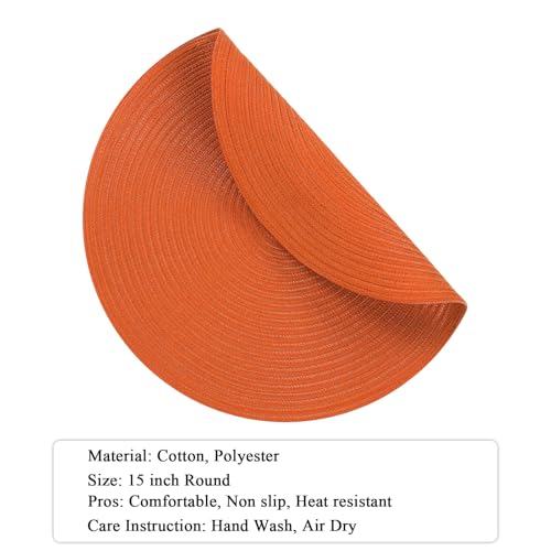 Image of SHACOS Round Placemats Set of 4 for Dining Table Autumn Fall Round Braided Place Mats Washable Non Slip Kitchen Table Mats Decor, Bright Orange