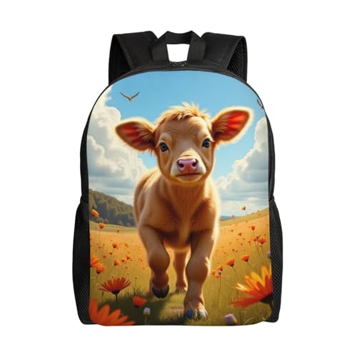 Comfort Fit Unisex Cute Brown Calf Running Through Field of Orange Flowers Backpack Durable Commute Travel Adventures 16 in