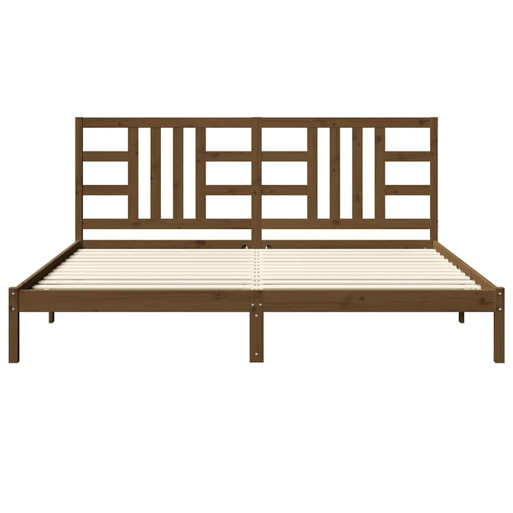 Lite drewno sosnowe Klasyczny design z zagłówkiem Brąz 200x200 cm | Rama łóżka 200x200 cm, lite drewno sosnowe, miodowy brąz, zagłówek, listwy ze sklejki