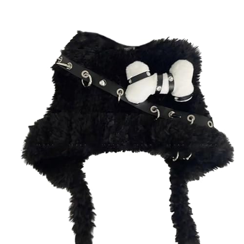Punk Knit Cartoon Bear Hat with Lovely Ear and Bone for Outdoor Sports Furry Caps Oversized Headgear Hat for Winter