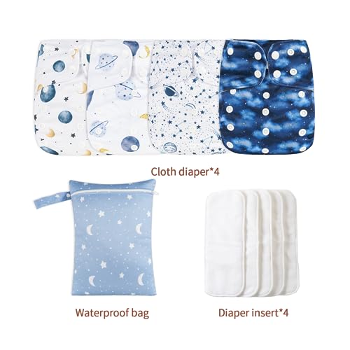 Image of HappyFlute 9 Sets Newborn Baby Cloth Pocket Diapers Adjustable Reusable for Baby Boys and Girls(6-33 pounds,0-3 Years),One Wet Bag+4Diapers and 4Inserts (AD09)