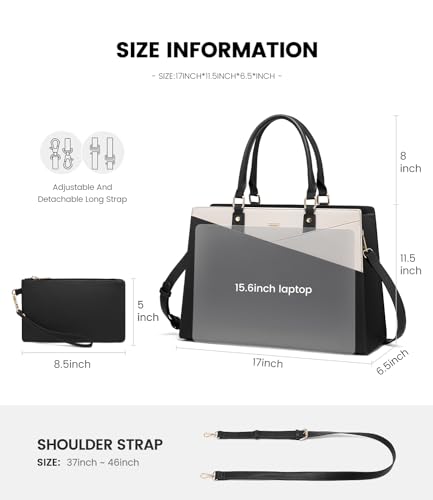 LOVEVOOK Laptop Tote Bag for Women, Leather Business Office Work Bag Computer Briefcase with Small Clutch fit for 15.6 Inch Laptop Black-Beige4