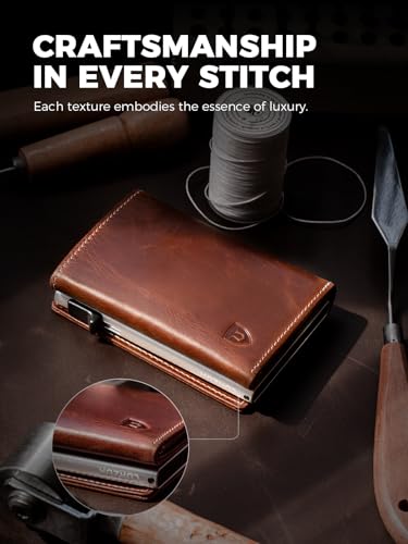 LORZOR Wallet for Men with Metal Card Holder, Pop Up Wallet, Finest Full Grain Leather Trifold Wallet, Smart, Minimalist, RFID Blocking, Front Pocket, ID Window, VintageBrown/Silver2