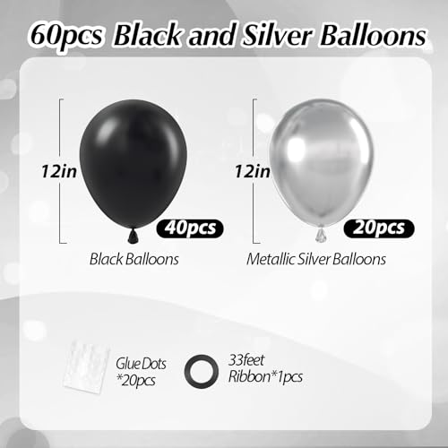 Image of 12inch Black and Silver Balloons with Black Metallic Silver Balloons | Graduation, Birthday Party Decorations for Men